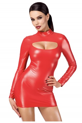 Къса червена рокля с дълъг ръка и разкриваща гърдите от Еко кожа на Noir Handmade